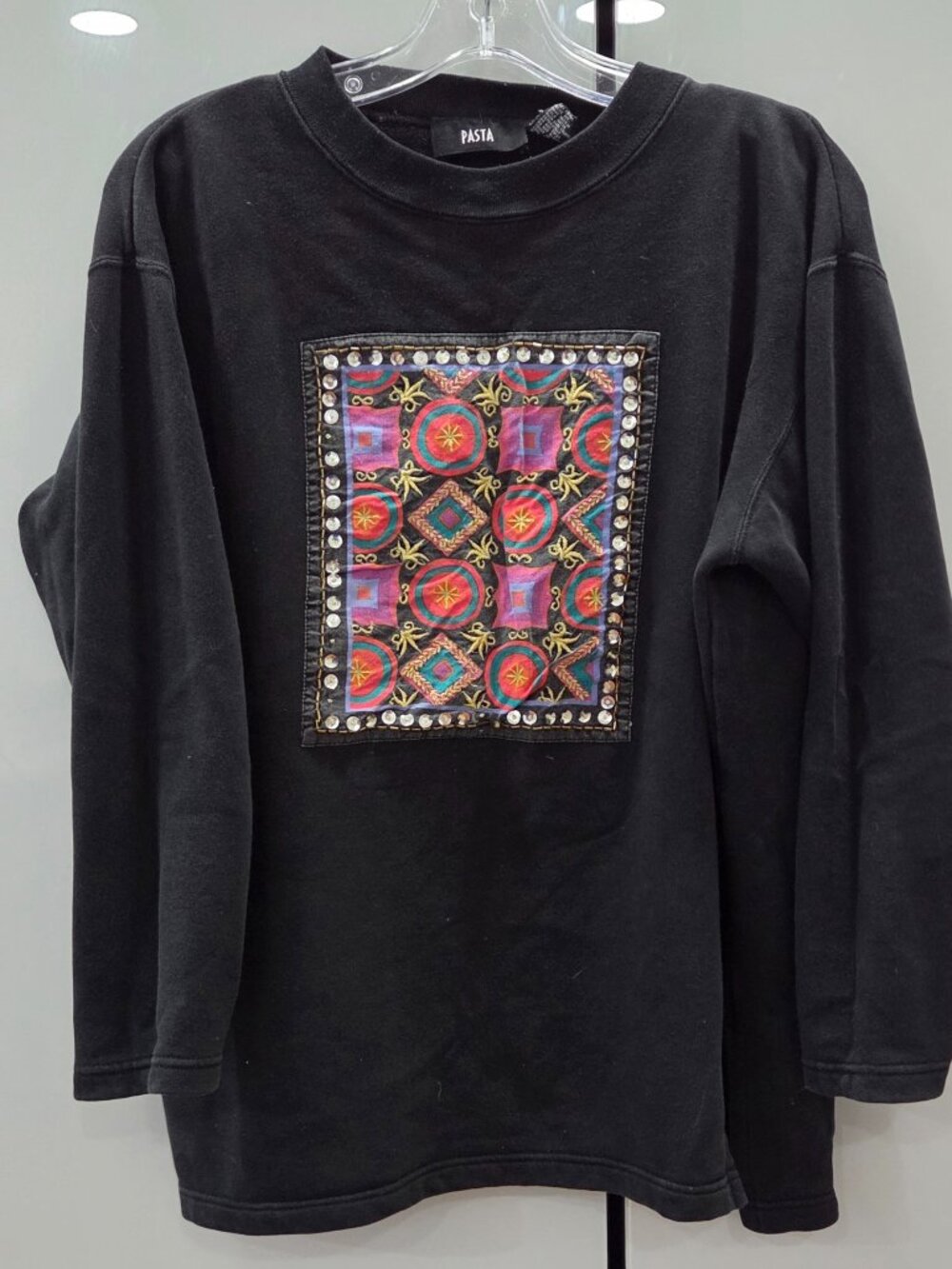 "PASTA", sweater, featuring an eclectic, colorful tapestry geometric pattern